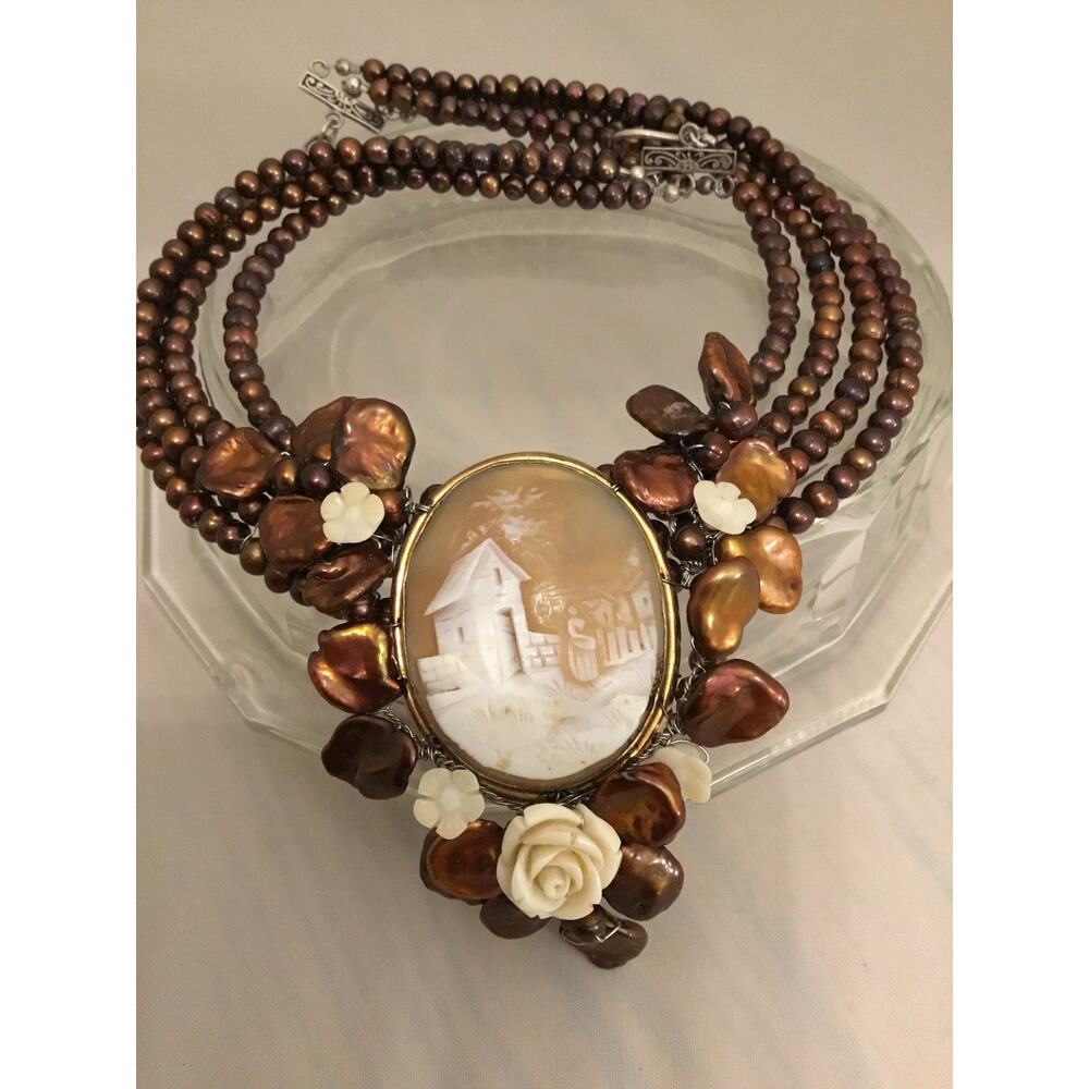 Vtg Marian Raser 10kt Shell Cameo/Carved Coral/Brown FW Keshi Pearl 925 Necklace